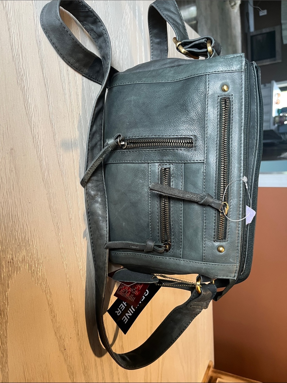 Woman's dark green soft leather handbag  with Multiple Zip Pockets---NEW!